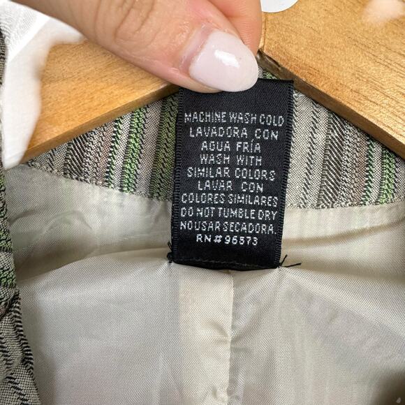 Aziz Green & Gray Stripe Distressed Edge Embroidered Flower Cotton Blazer Jacket - Picture 9 of 9